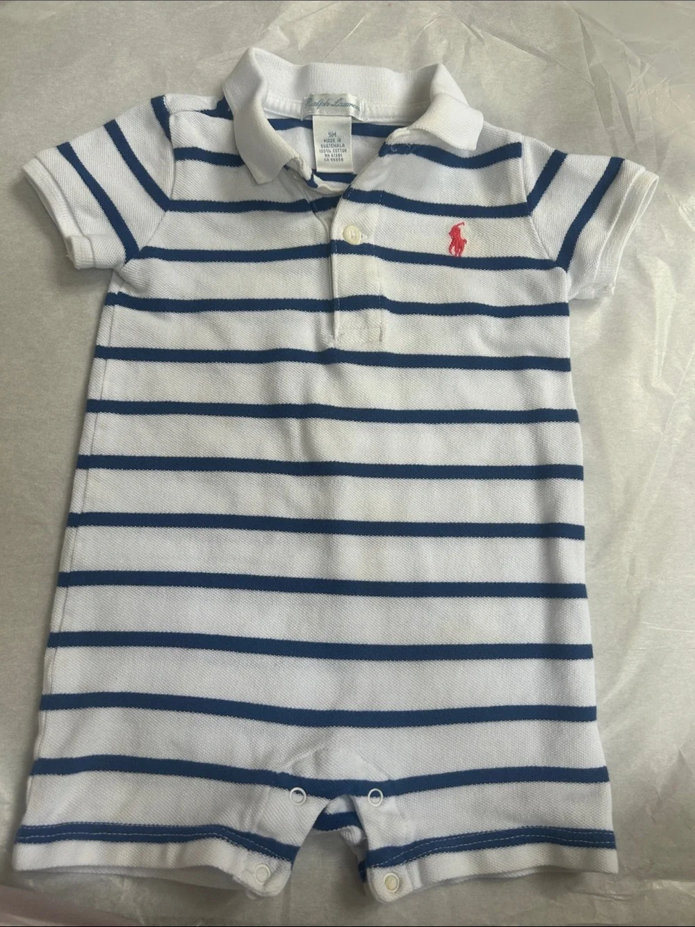 Ralph Lauren White & Navy Striped Polo Romper with Red Pony